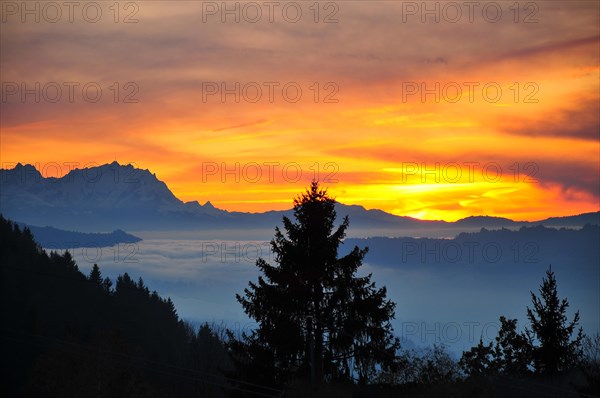 View from the high plateau of Hagspiel in the Allgaeu near Oberstaufen to the massif of the Saentis