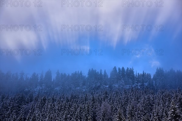 The sun breaks through the high fog at the Riedberg Pass near Obermaiselstein in Allgaeu