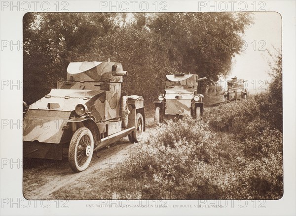 Cars fitted with armour and cannons modified into tanks in Flanders during the First World War