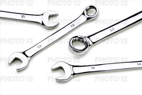 Open ended and ring spanners on a white background