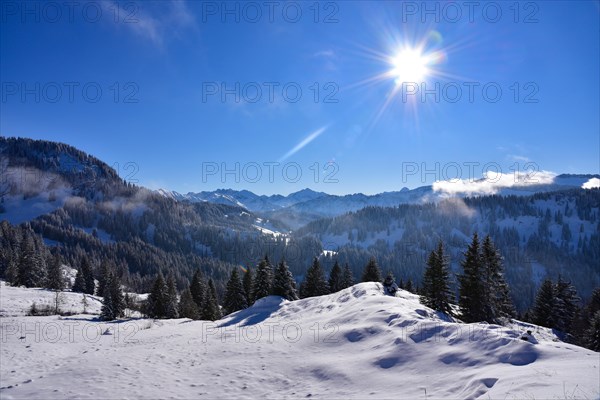 View from the Mittelalpe above the Riedberg Pass into the Kleinwalstertal Mountains