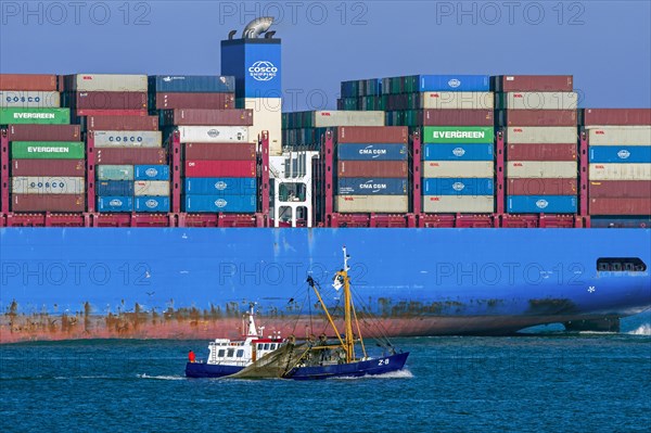 Little fishing boat passing huge Chinese COSCO Shipping container ship loaded with containers on the North Sea