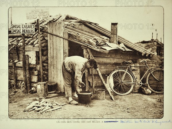 Soldier working in front of shelter behind the frontline at Merkem in Flanders during the First World War