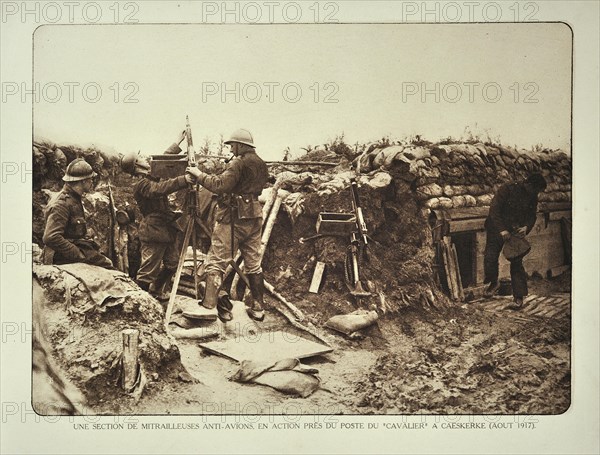 Soldiers in trench armed with anti-aircraft guns at Kaaskerke in Flanders during the First World War