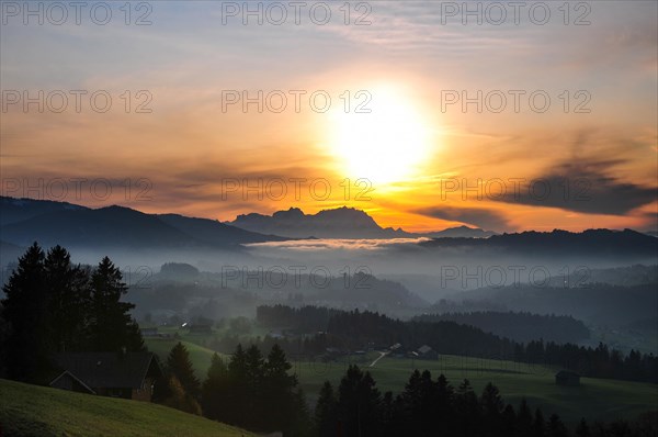 View from the high plateau of Hagspiel in the Allgaeu near Oberstaufen to the massif of the Saentis