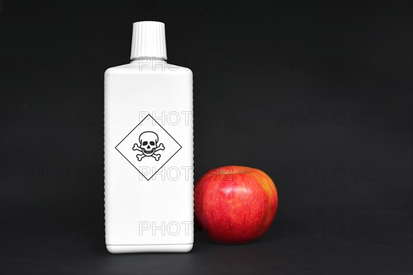 Concept for usage of dangerous pesticides in agricultural food products with red apple next to white bottle with poisonous warning label with skull on black background