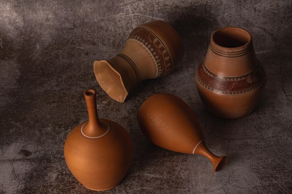 Handmade pottery pots made by a potter in isolation