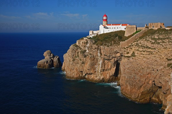 The lighthouse directly at the Cabo de Sao Vicente in the Algarve at the most south-western point of the European mainland