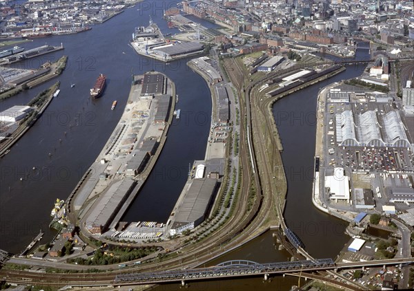 Historical aerial view from the year 2000 of Hamburg's free port which is becoming the Hafencity