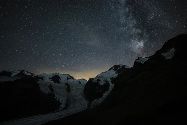 Starry sky with Milky Way over Morteratsch Glacier in Bernina Group