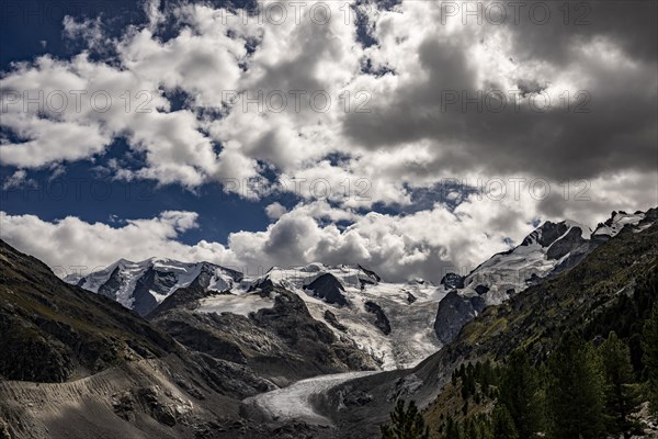 Morteratsch Glacier with Bernina Group and Cloudy Sky