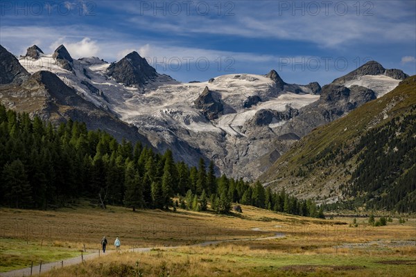 Val Rosegg with two walkers and Bernina Group