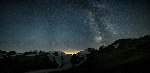 Starry sky with Milky Way over Morteratsch Glacier in Bernina Group