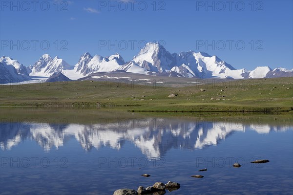 Kakshaal Too mountains reflecting in an alpine lake