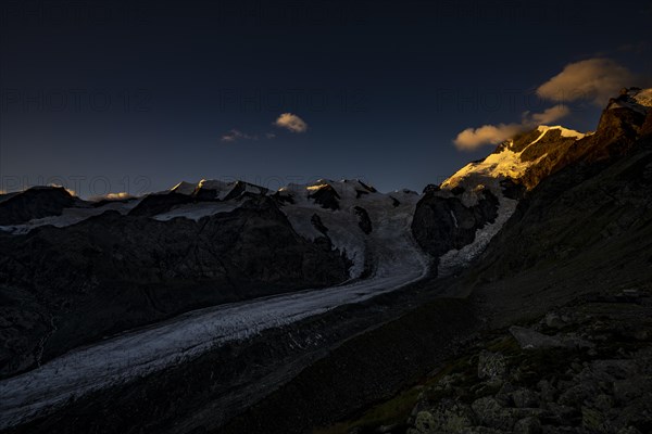 Morteratsch glacier with Bernina group at sunrise