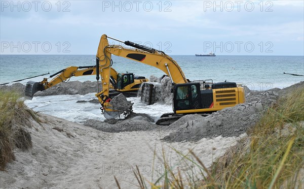 Dredger for land reclamation on a construction site in the Baltic Sea near Ahrenshoop