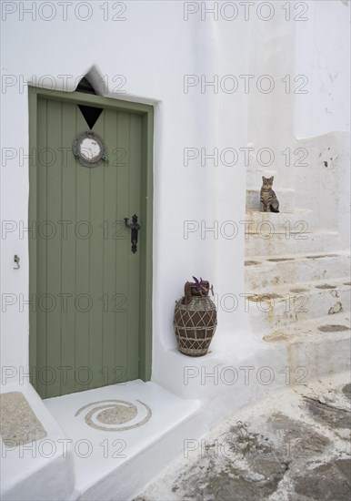 White house facade with green entrance door