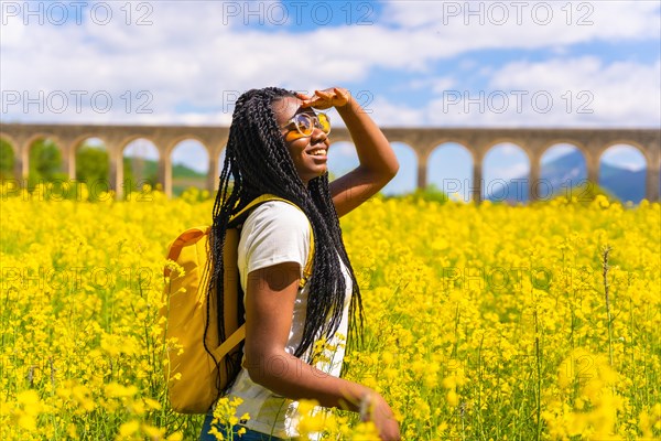 Portrait of a black ethnic girl with braids looking at the sun