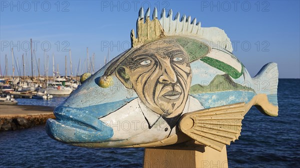 Wooden colourful fish sculptures