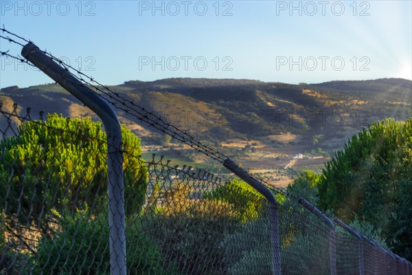 View of a barbed wire fence with a mountain landscape at dawn in the background