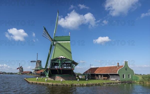 Rural scene with historic windmills in the Zaanse Schans open-air museum