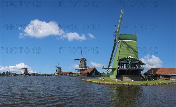 Rural scene with historic windmills in the Zaanse Schans open-air museum