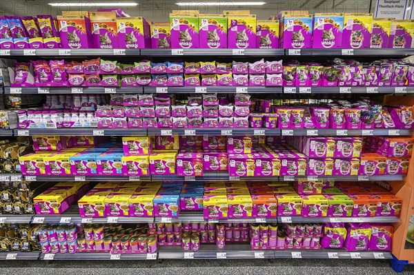 Shelf with cat food in the wholesale market