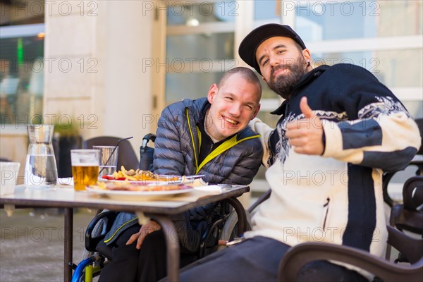 Selfie and portrait of friends eating in a restaurant terrace