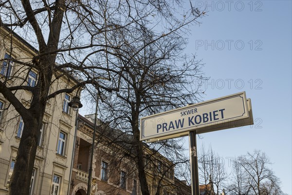 Street sign at the garden square called Skwer Praw Kobiet