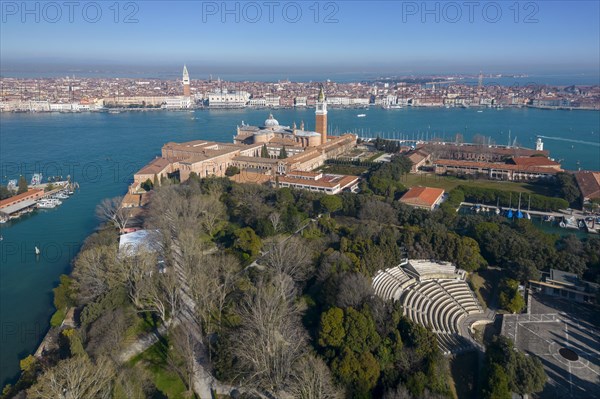 Aerial view of Isola di San Giorgio Maggiore with church San Giorgio Maggiore