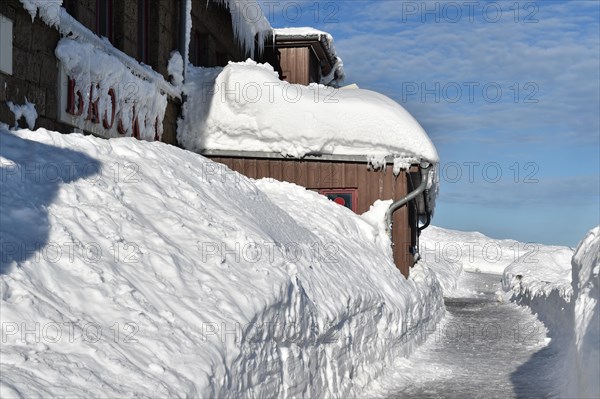 Snow-covered railway station on the Brocken in the Harz mountains