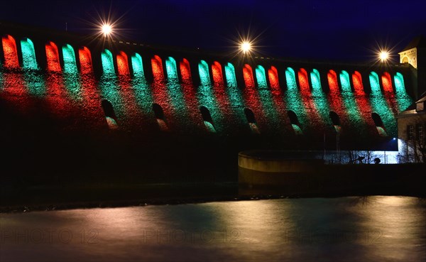 Dam wall at Lake Edersee with lighting
