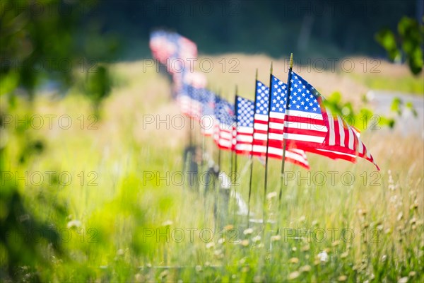 Row of american flags waving in the wind along A fence