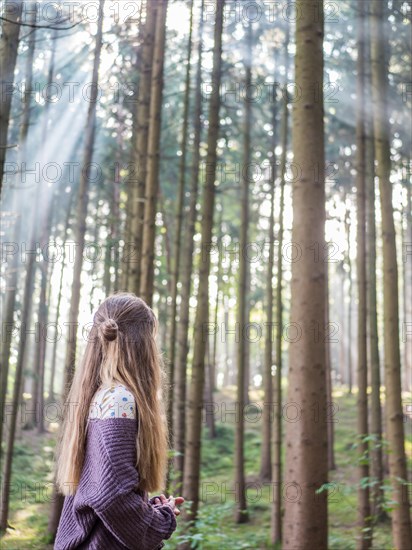 Young woman girl lady in the forest near the tree leaning