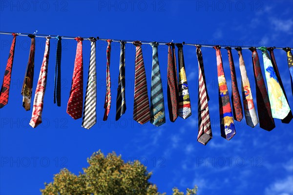 Many colourful ties hanging on a clothesline