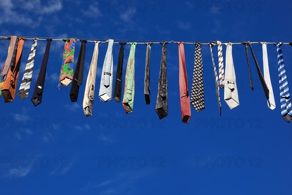 Many colourful ties hanging on a clothesline