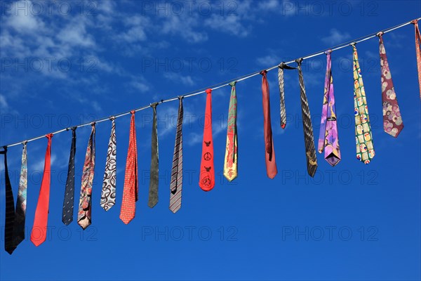 Many colourful ties hanging on a clothesline