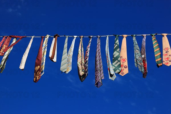 Many colourful ties hanging on a clothesline