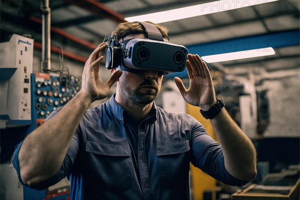 Male professional gesturing while using virtual reality headset in factory