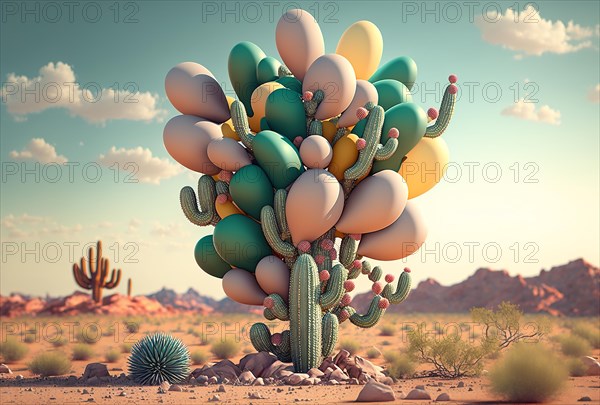 Three dimensional render of bunch of balloons tied to desert cactus