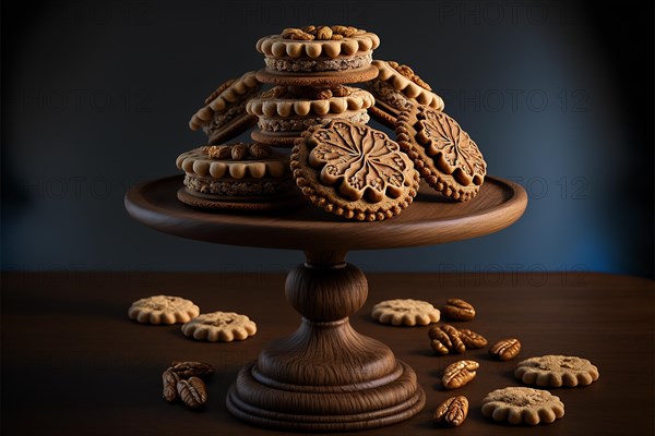 Cakestand with round walnut cookies