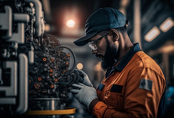 Engineer examining robotic arm machine in warehouse