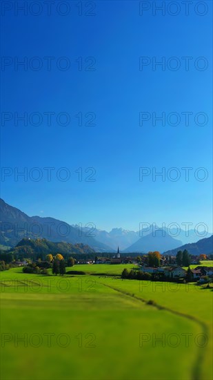 Aerial view of Fischen im Allgaeu with a view of the parish church of St Verena