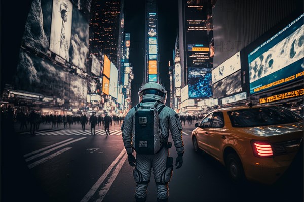 Photography astronaut in skyscraper city