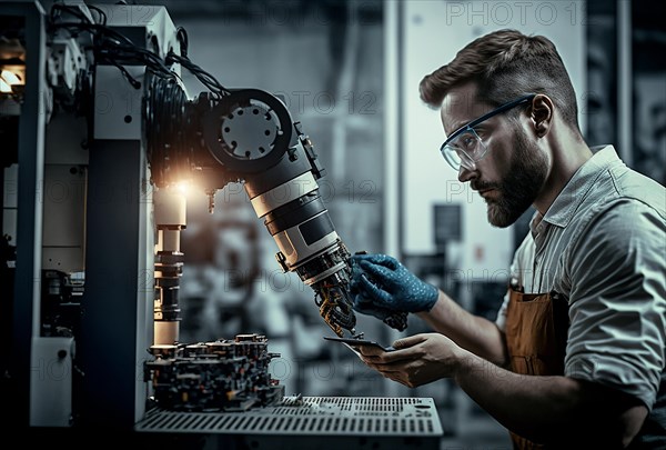 Engineer examining robotic arm machine in warehouse