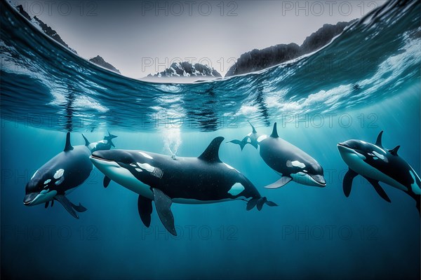 Photography group of orcas swimming in the ocean