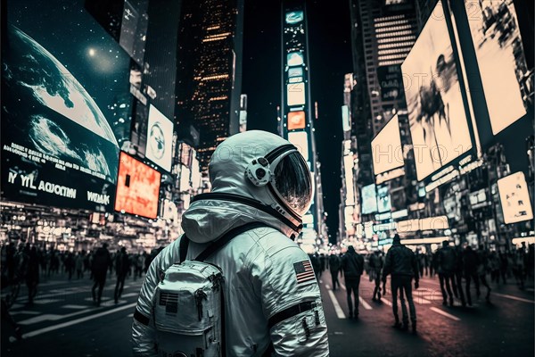 Photography astronaut in skyscraper city