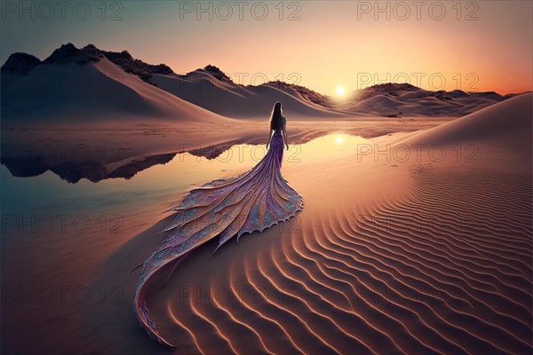 Photography mermaid in a sandy desert at dawn