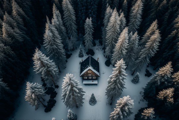 Drone photography of a snowy pine forest with a wooden cabin