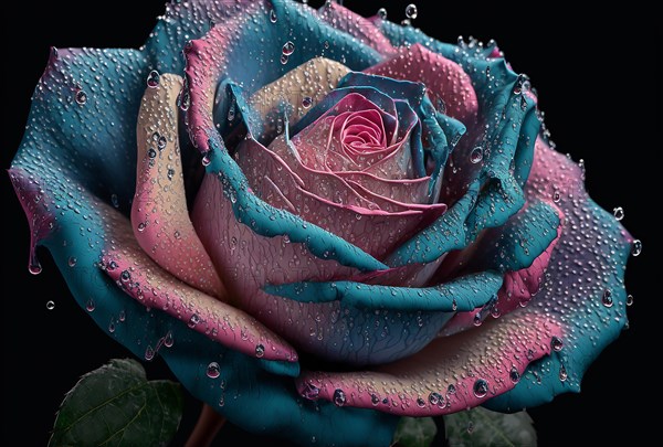 Head of blue and pink rose covered in raindrops